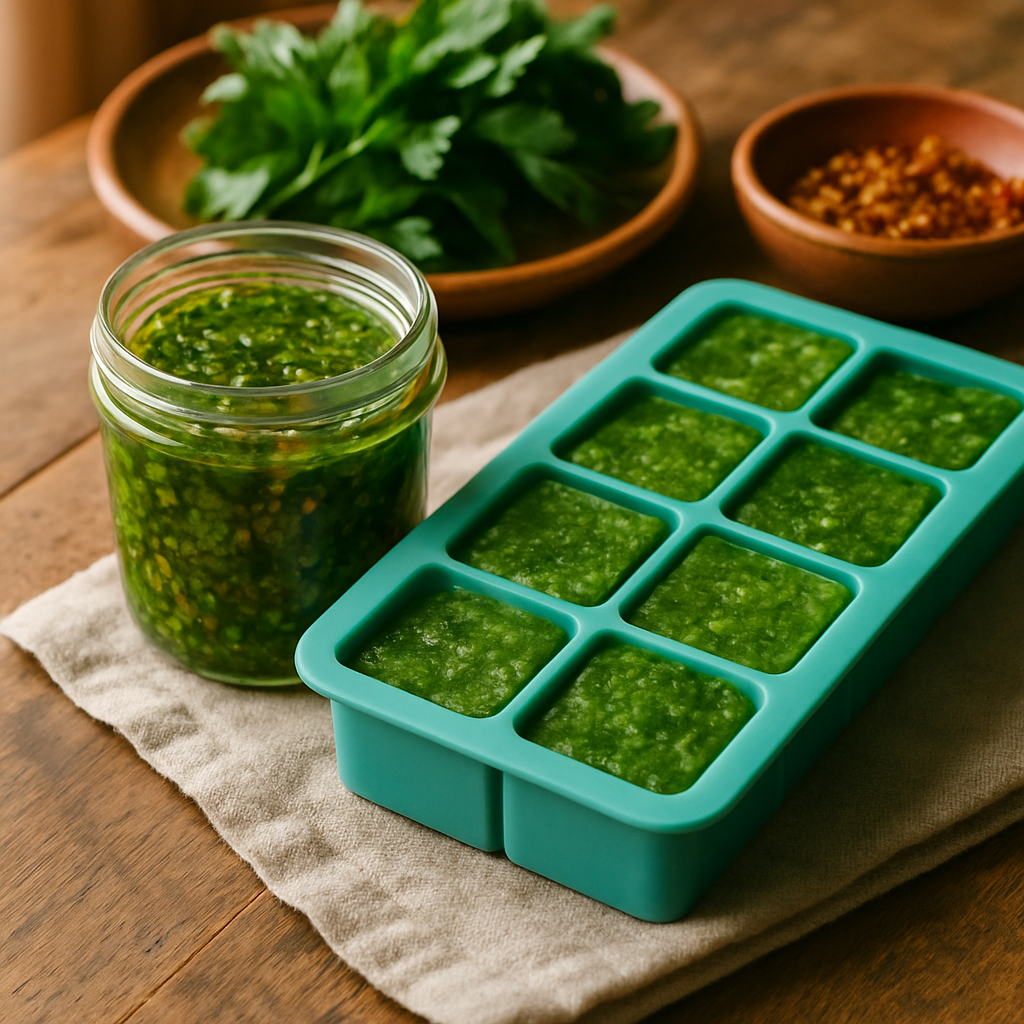 Vibrant green herb chimichurri sauce in a glass jar, made with fresh parsley, cilantro, garlic, red wine vinegar, and olive oil
