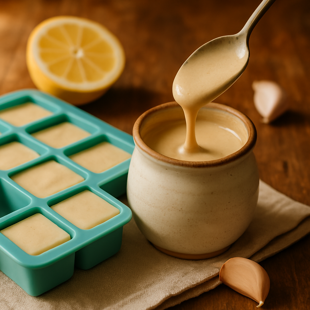 A small jar of smooth, creamy lemon tahini sauce with a lemon wedge and a drizzle over a grain bowl