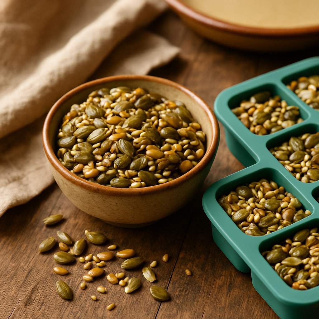 A small mason jar filled with golden toasted pumpkin seeds, sunflower seeds, and sesame seeds, resting on a wooden surface