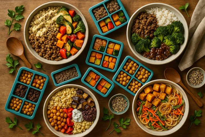 Overhead view of four complete Food Bricks meals in ceramic bowls surrounded by teal silicone freezer mold trays filled with frozen ingredient bricks on a warm wood table