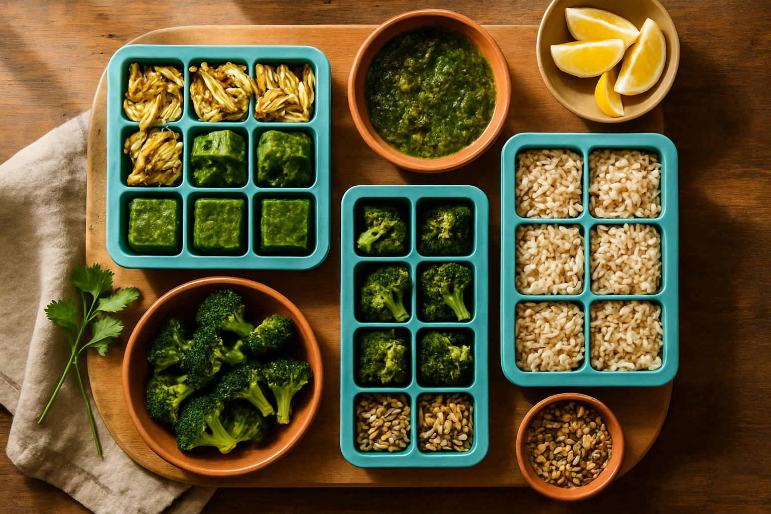A wide flat-lay of prepped meal components organized in containers - proteins, roasted vegetables, grains, sauces, and crunchy toppings ready for the week